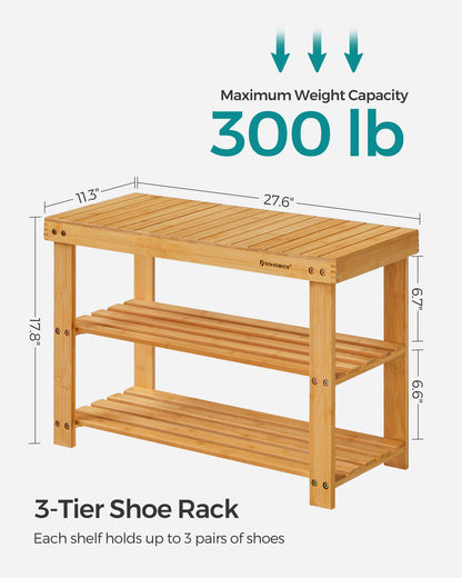 Shoe Rack Bench, 3-Tier Bamboo Shoe Storage Organizer, Entryway Bench, Holds Up to 286 lb, 11.3 x 27.6 x 17.8 Inches, for Entryway Bathroom Bedroom