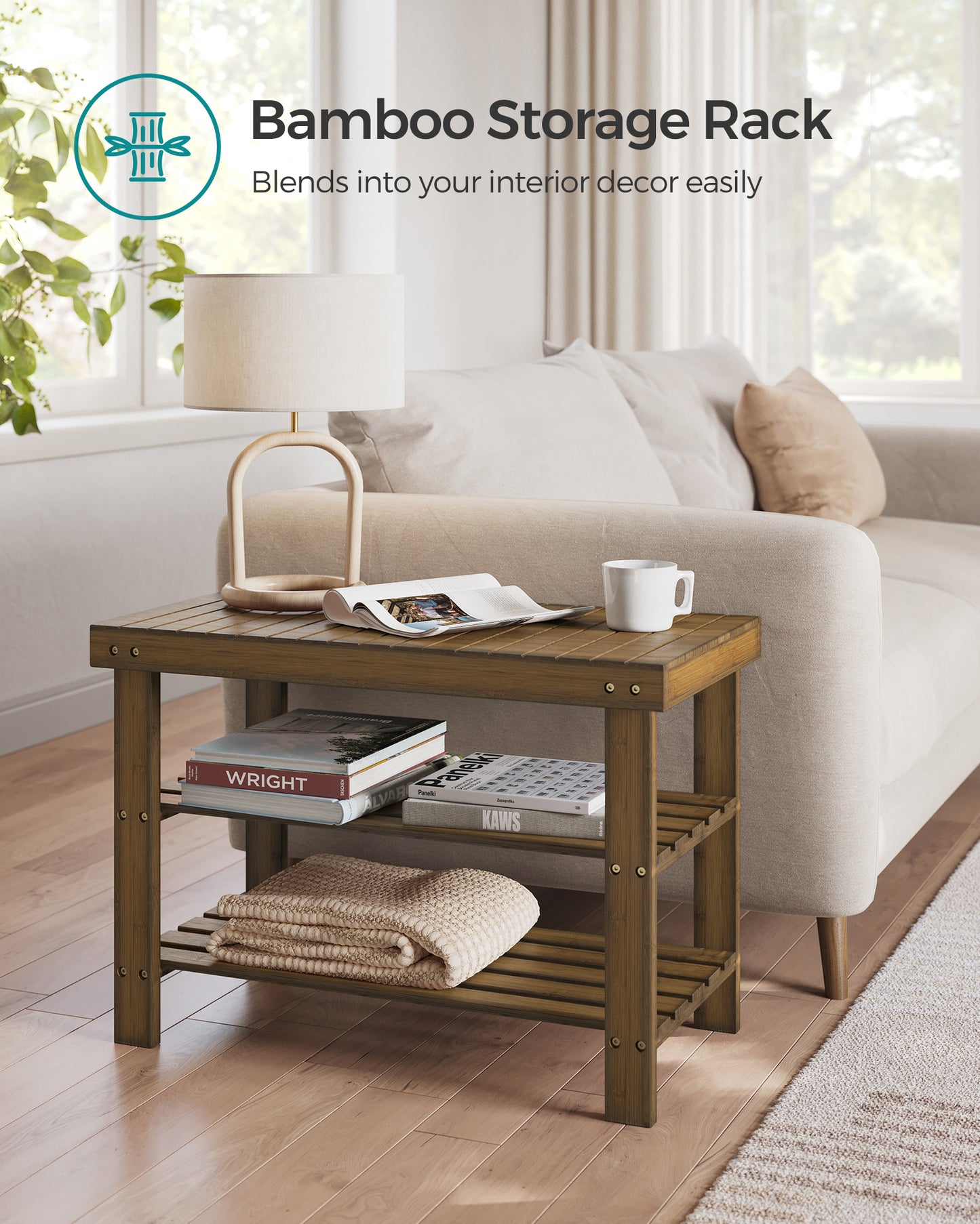 LEDREM Shoe Rack Bench, 3-Tier Bamboo Shoe Storage Organizer, Entryway Bench Color Walnut