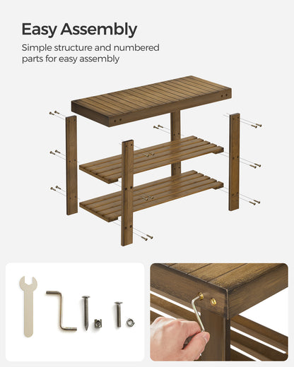 LEDREM Shoe Rack Bench, 3-Tier Bamboo Shoe Storage Organizer, Entryway Bench Color Walnut