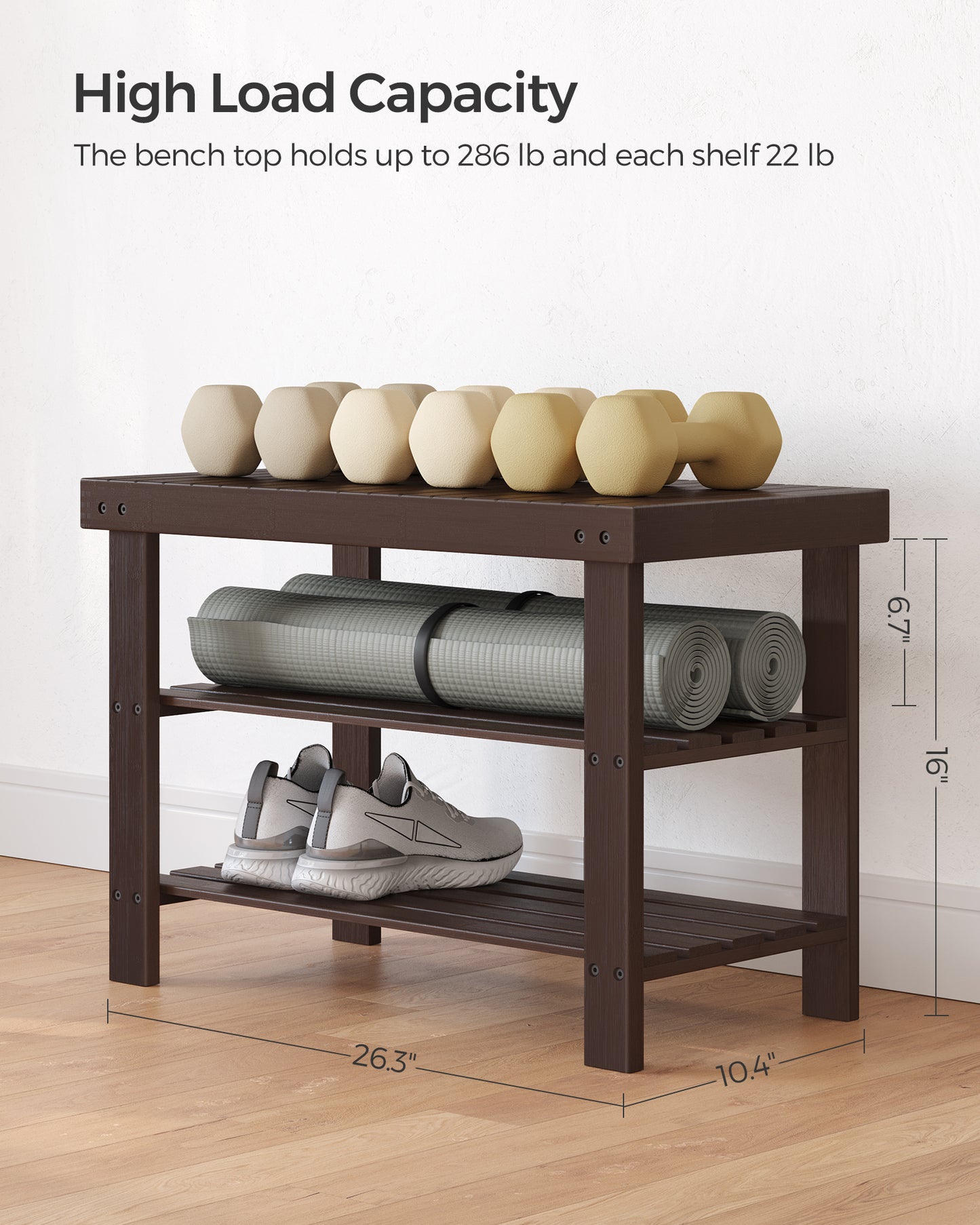Shoe Rack Bench, 3-Tier Bamboo Shoe Storage Organizer, Entryway Bench, Holds Up to 286 lb, 11.3 x 27.6 x 17.8 Inches, for Entryway Bathroom Bedroom