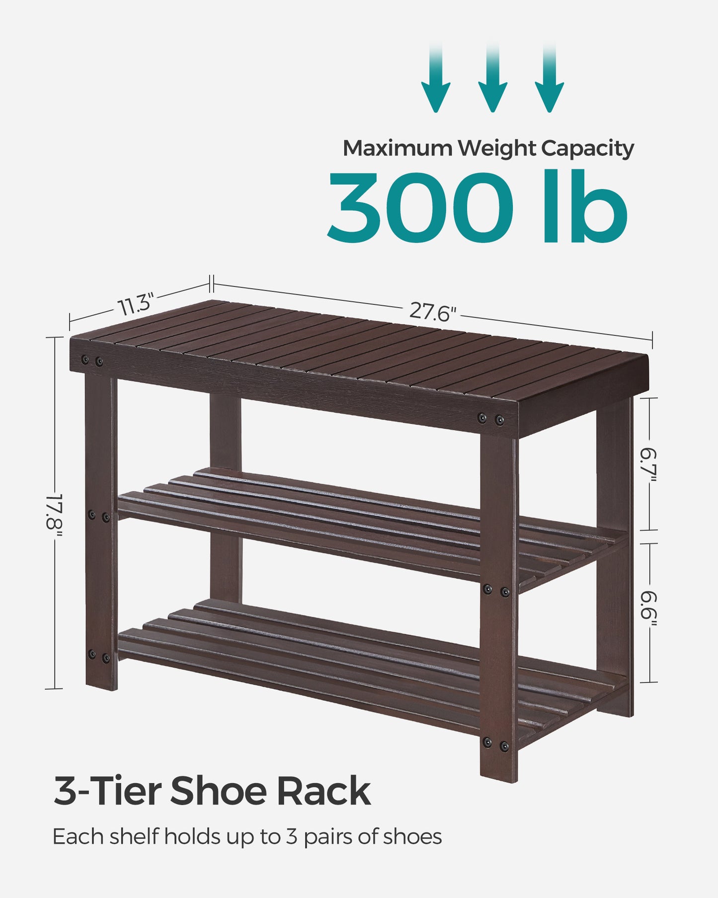 Shoe Rack Bench, 3-Tier Bamboo Shoe Storage Organizer, Entryway Bench, Holds Up to 286 lb, 11.3 x 27.6 x 17.8 Inches, for Entryway Bathroom Bedroom