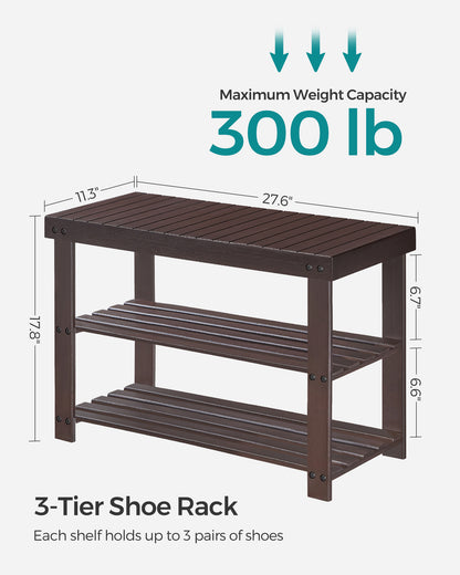 Shoe Rack Bench, 3-Tier Bamboo Shoe Storage Organizer, Entryway Bench, Holds Up to 286 lb, 11.3 x 27.6 x 17.8 Inches, for Entryway Bathroom Bedroom