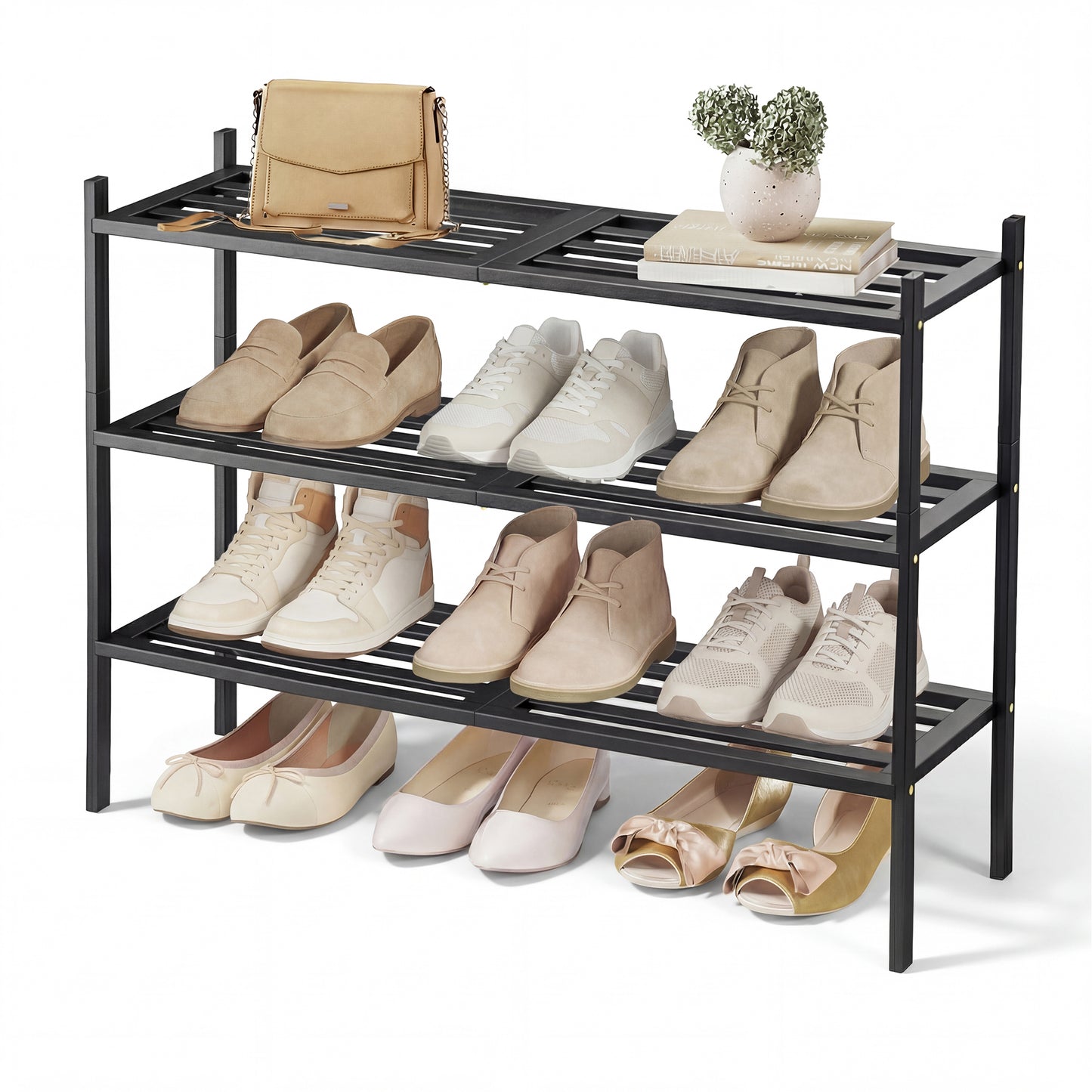 SONGMICS Bamboo Shoe Rack for Closet, Stackable Shoe Oragnizer, Space-Saving Freestanding Shelf, 3-Tier, Holds 12-16 Pairs, Ink Black