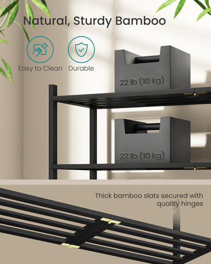 SONGMICS Bamboo Shoe Rack for Closet, Stackable Shoe Oragnizer, Space-Saving Freestanding Shelf, 3-Tier, Holds 12-16 Pairs, Ink Black
