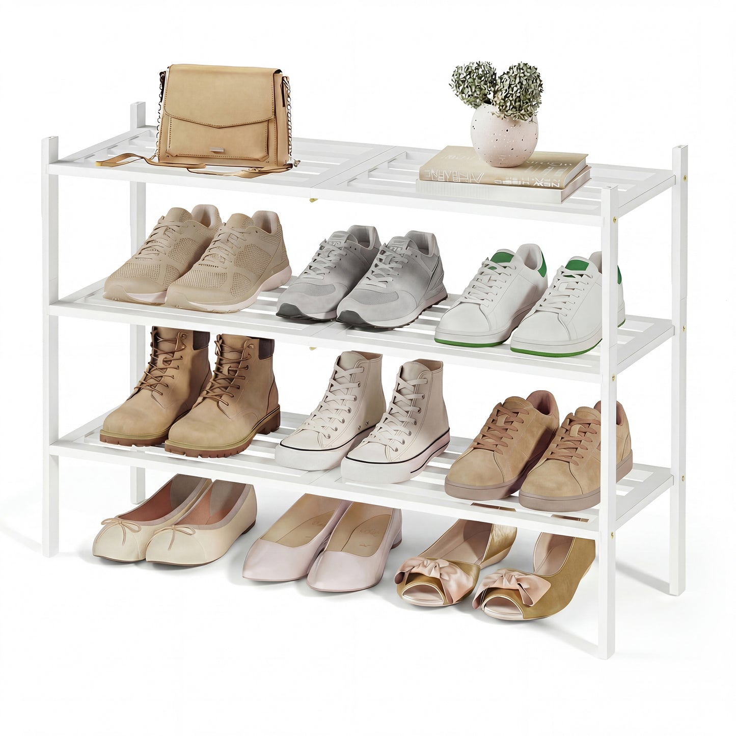 SONGMICS Bamboo Shoe Rack for Closet, Stackable Shoe Oragnizer, Space-Saving Freestanding Shelf, 3-Tier, Holds 12-16 Pairs, Cloud White