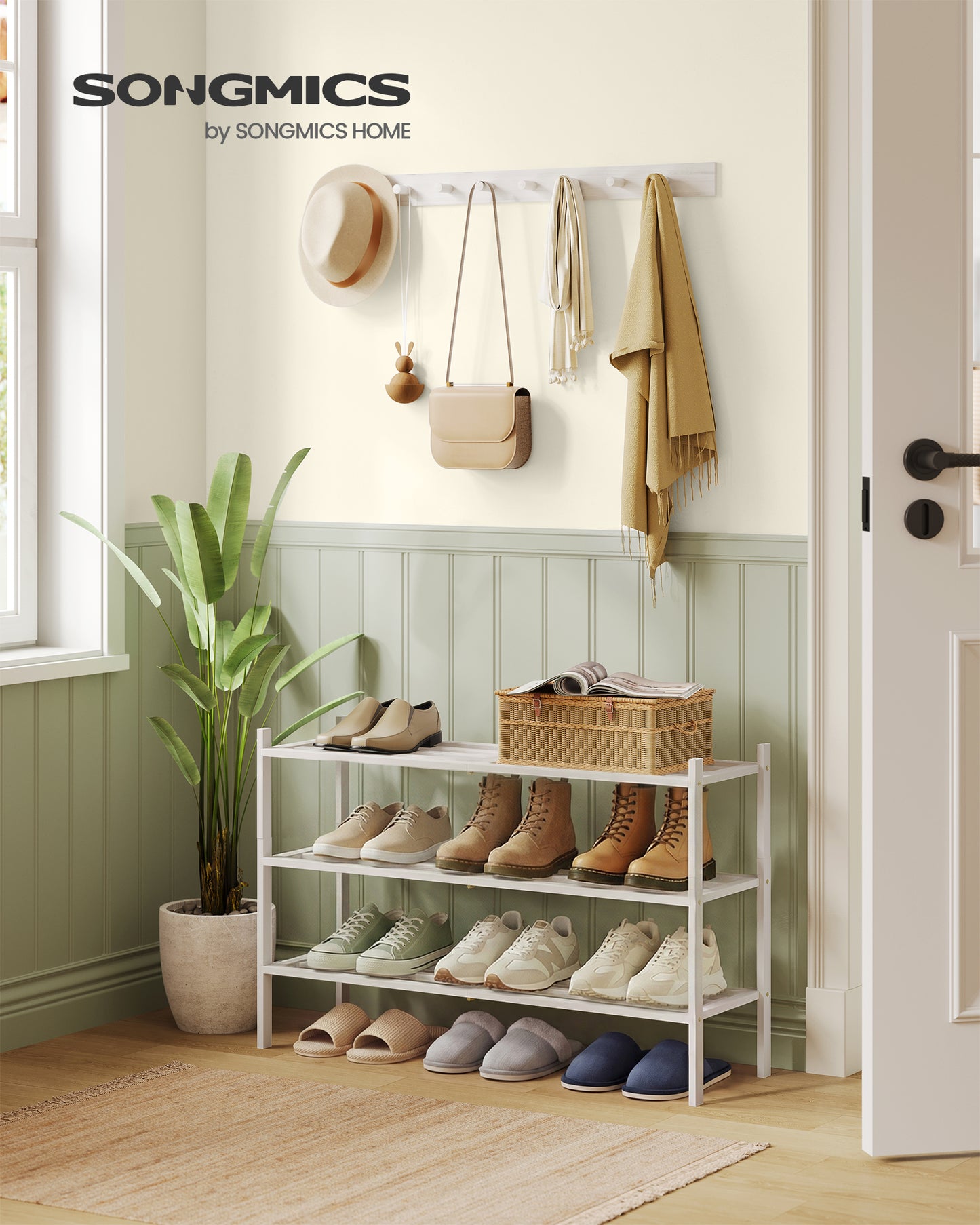 SONGMICS Bamboo Shoe Rack for Closet, Stackable Shoe Oragnizer, Space-Saving Freestanding Shelf, 3-Tier, Holds 12-16 Pairs, Cloud White