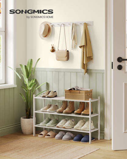 SONGMICS Bamboo Shoe Rack for Closet, Stackable Shoe Oragnizer, Space-Saving Freestanding Shelf, 3-Tier, Holds 12-16 Pairs, Cloud White