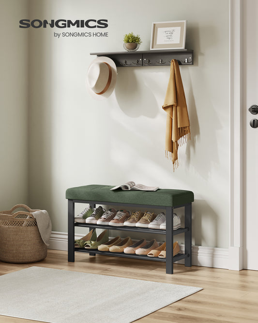 Entryway Shoe Storage Bench with Cushion, 3-Tier Shoe Rack, Foam Padded Seat,Forest Green and Ink Black