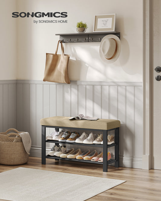 Shoe Bench, Storage Bench, Entryway Bench with Cushion, Shoe Shelf with Seat, Storage Organizer with Foam Padded Seat Linen Metal Frame