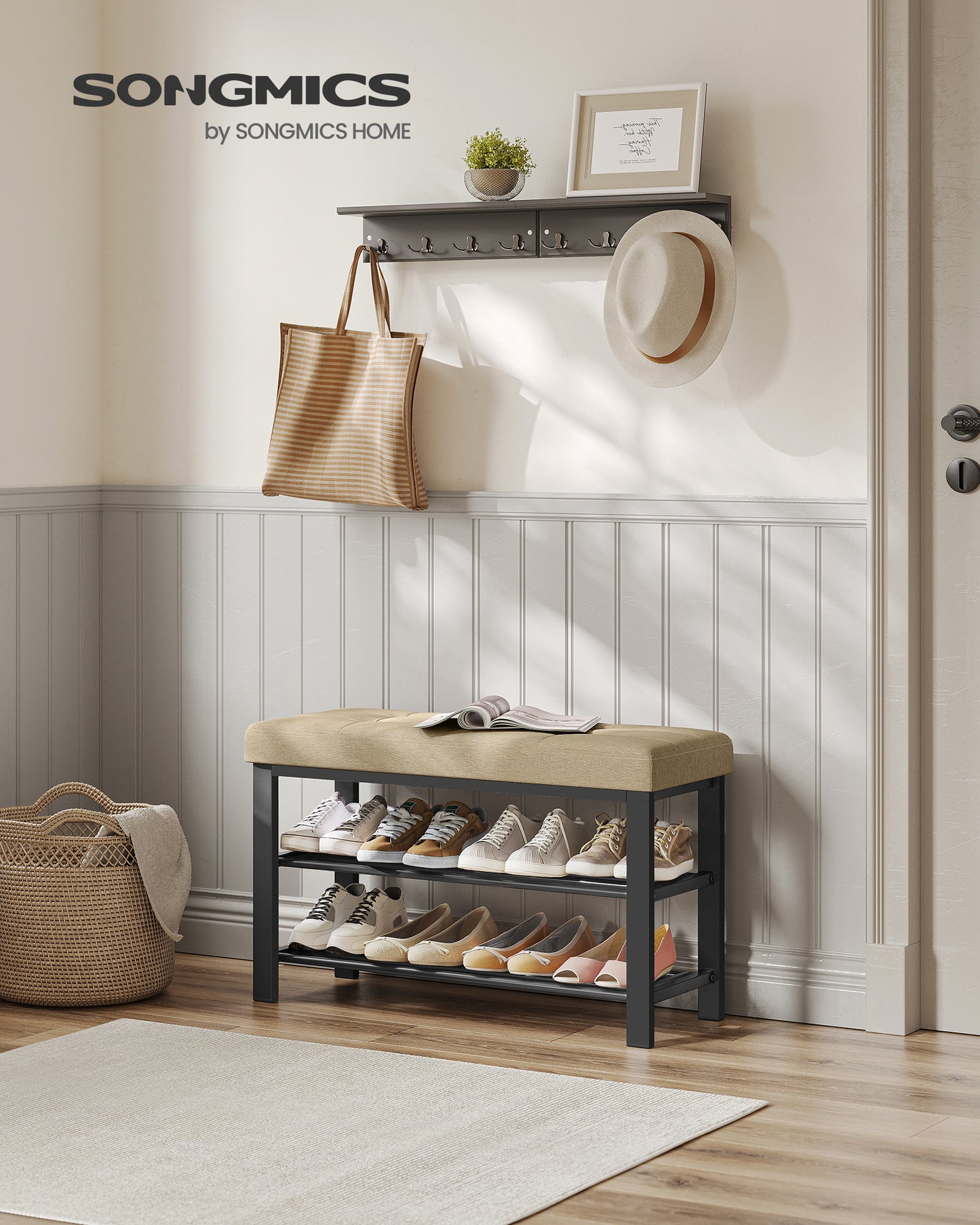 Shoe Bench, Storage Bench, Entryway Bench with Cushion, Shoe Shelf with Seat, Storage Organizer with Foam Padded Seat Linen Metal Frame