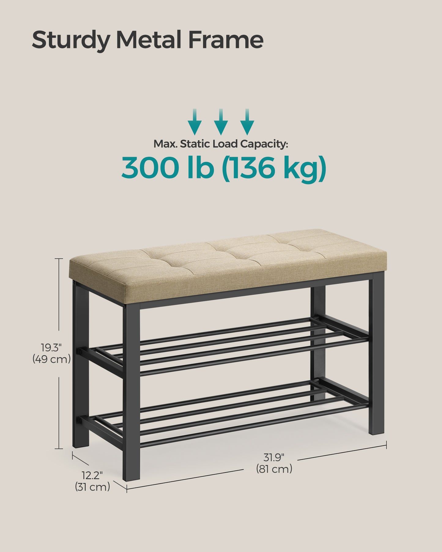 Shoe Bench, Storage Bench, Entryway Bench with Cushion, Shoe Shelf with Seat, Storage Organizer with Foam Padded Seat Linen Metal Frame