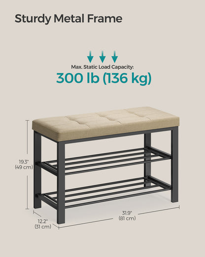 Shoe Bench, Storage Bench, Entryway Bench with Cushion, Shoe Shelf with Seat, Storage Organizer with Foam Padded Seat Linen Metal Frame