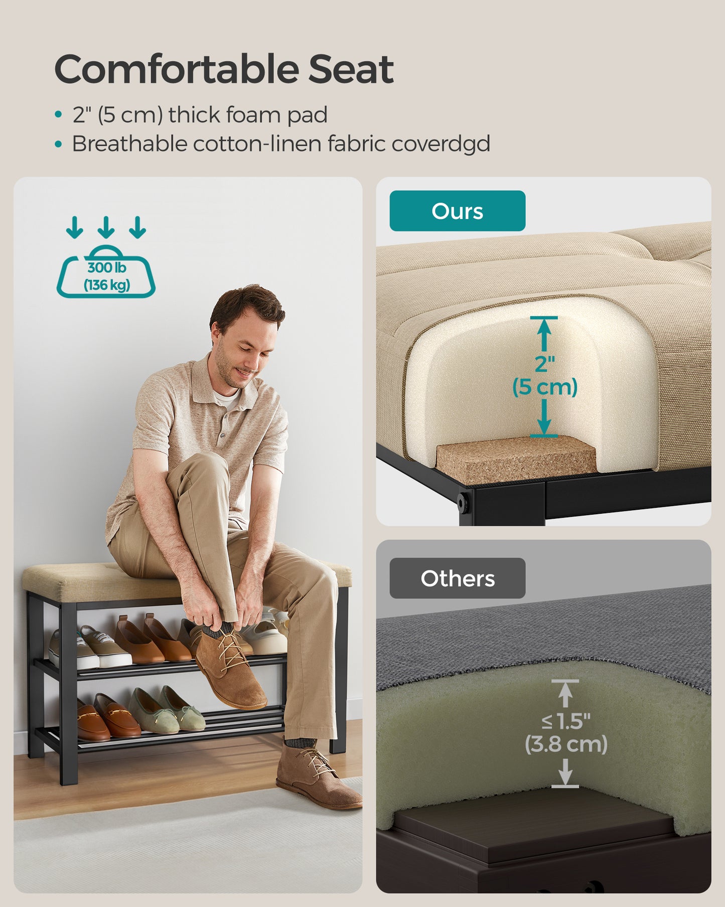 Shoe Bench, Storage Bench, Entryway Bench with Cushion, Shoe Shelf with Seat, Storage Organizer with Foam Padded Seat Linen Metal Frame