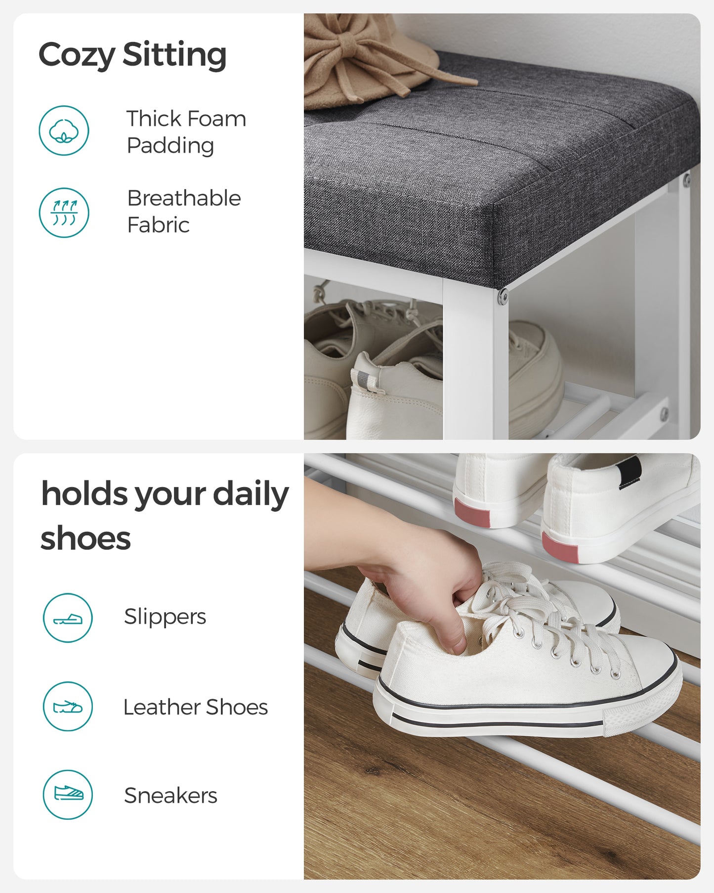 SONGMICS Shoe Bench - Entryway Shoe Rack with Foam Padded Seat, Linen, Metal Frame - Ideal for Living Room and Hallwayk Gray and White