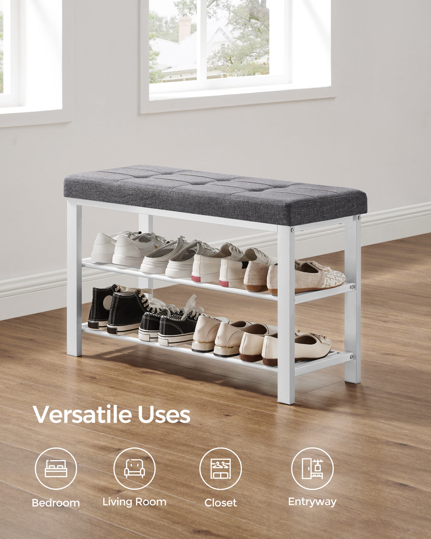 SONGMICS Shoe Bench - Entryway Shoe Rack with Foam Padded Seat, Linen, Metal Frame - Ideal for Living Room and Hallwayk Gray and White