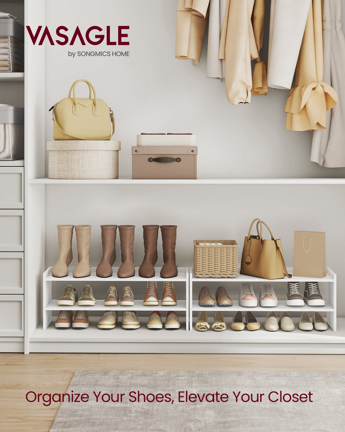 VASAGLE Shoe Rack for Closet, Stackable Shoe Organizer Shelf for Entryway, 2 Tiers, 11.7 x 32.3 x 14.2 Inches, White