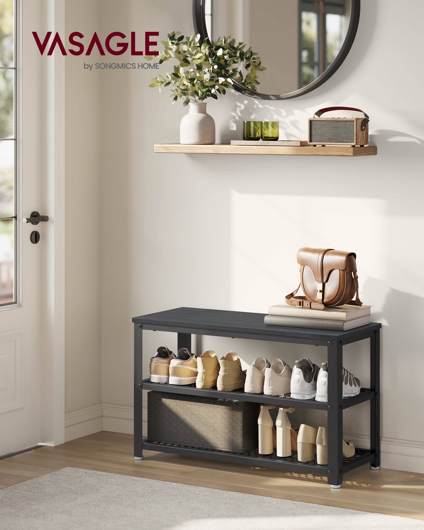 Shoe Bench, Shoe Rack with 2 Shelves, Shoe Organiser, 30 x 73 x 45 cm, Entryway Living Room Hallway, Steel Structure, Industrial Style