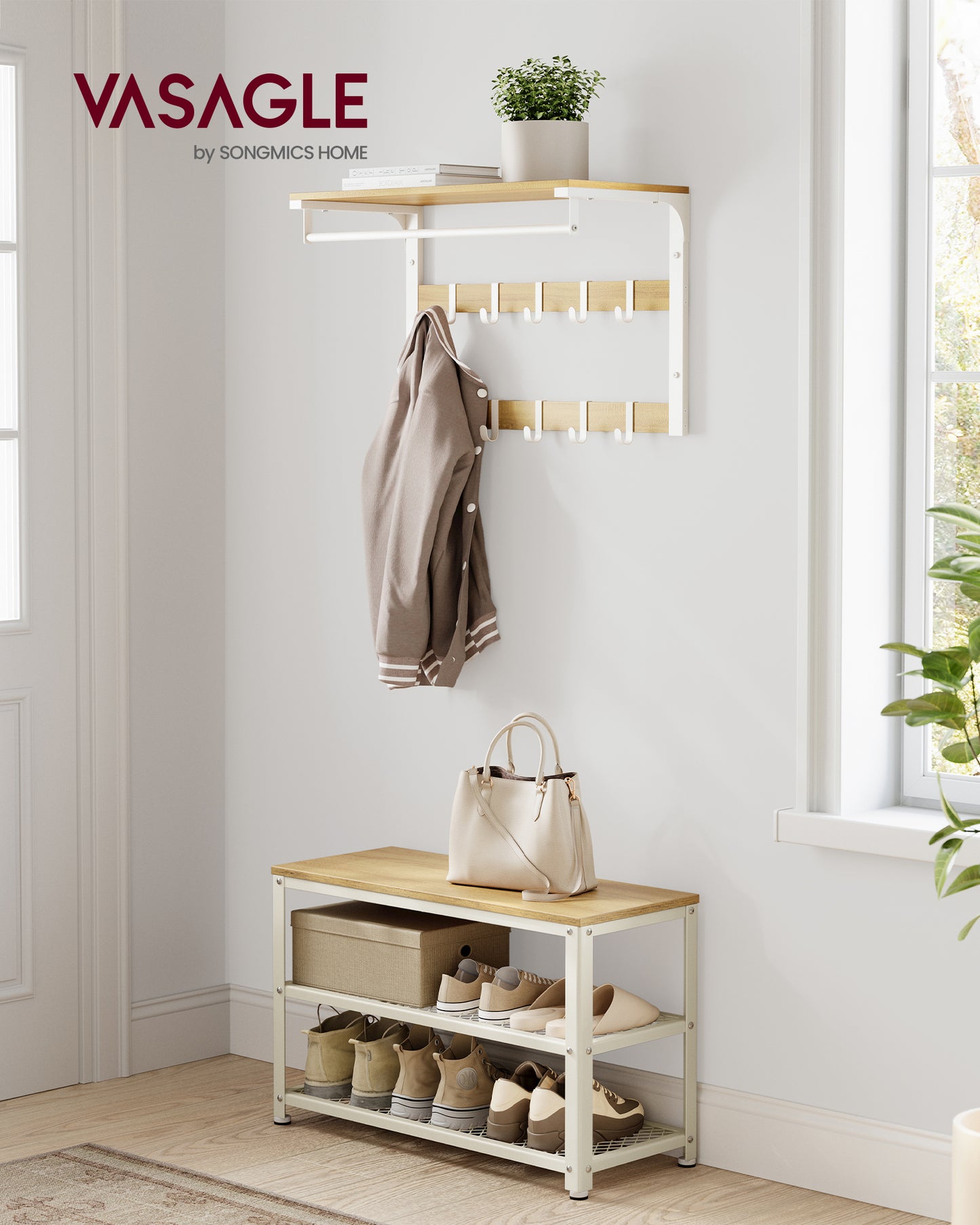 Oak Beige & Classic White 3 - Tier Shoe Rack - Shelf Storage Bench with Metal Mesh Shelves and Seat.11.8 x 28.7 x 17.7 Inches