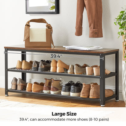 VASAGLE 3-Tier Shoe Bench - Shoe Rack with Metal Mesh Shelves and Seat, Free Standing Shoe Organizer for Entryway, Rustic Brown and Black
