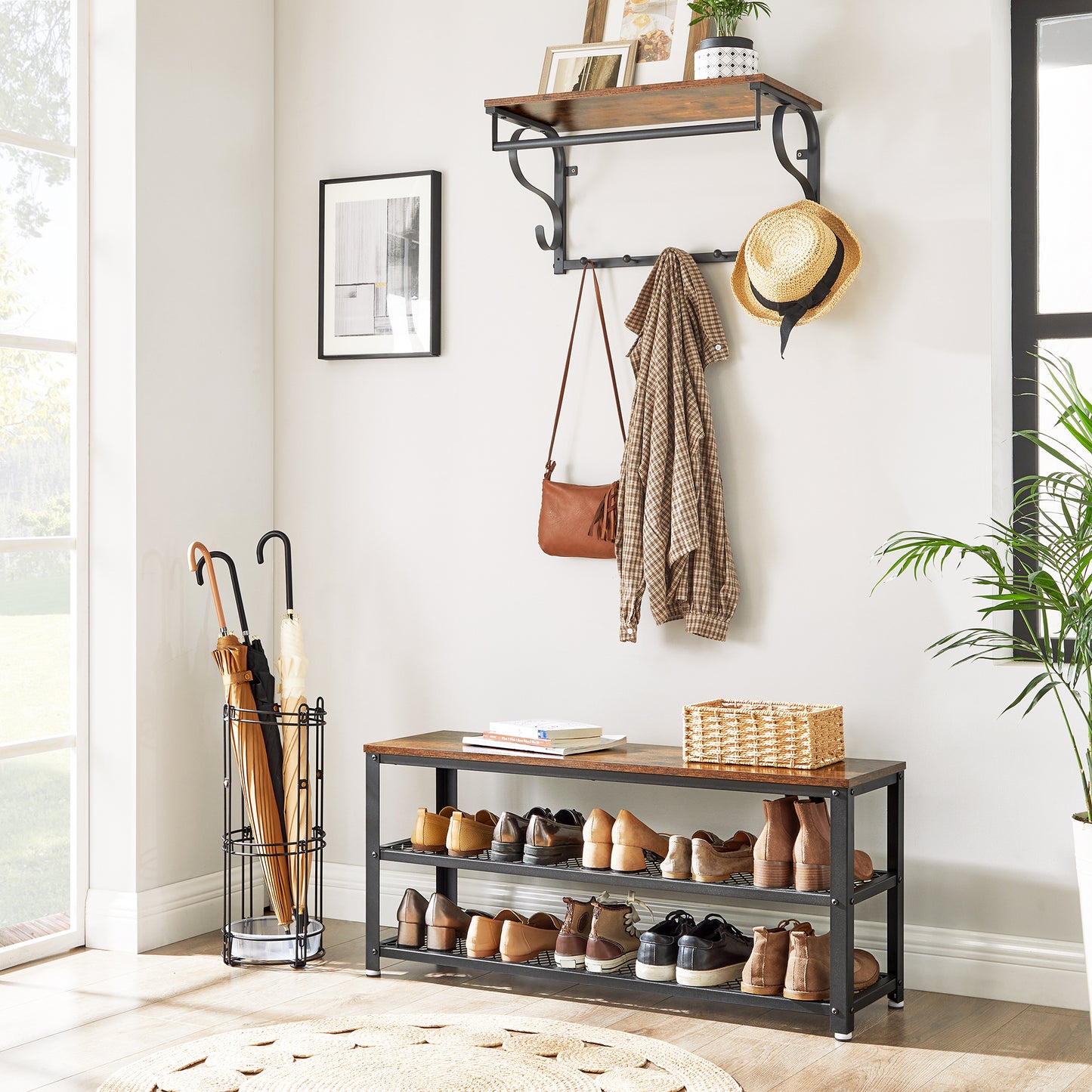 VASAGLE, 3-Tier Shoe Rack, Shelf Storage Bench with Metal Mesh Shelves and Seat, Free Standing Shoe Organizer for Entryway, 11.8 x 39.4 x 17.7 Inches, Rustic Brown and Black