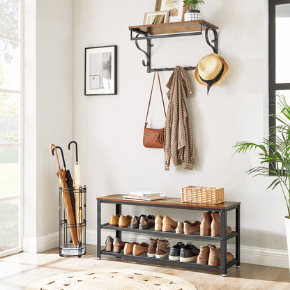 VASAGLE, 3-Tier Shoe Rack, Shelf Storage Bench with Metal Mesh Shelves and Seat, Free Standing Shoe Organizer for Entryway, 11.8 x 39.4 x 17.7 Inches, Rustic Brown and Black