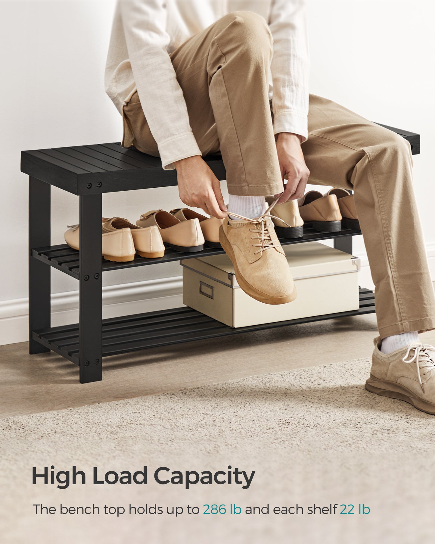 Shoe Rack Bench, 3-Tier Bamboo Shoe Storage Organizer, Entryway Bench, Holds Up to 286 lb, 11.3 x 35.4 x 17.8 Inches, for Entryway Bathroom Bedroom