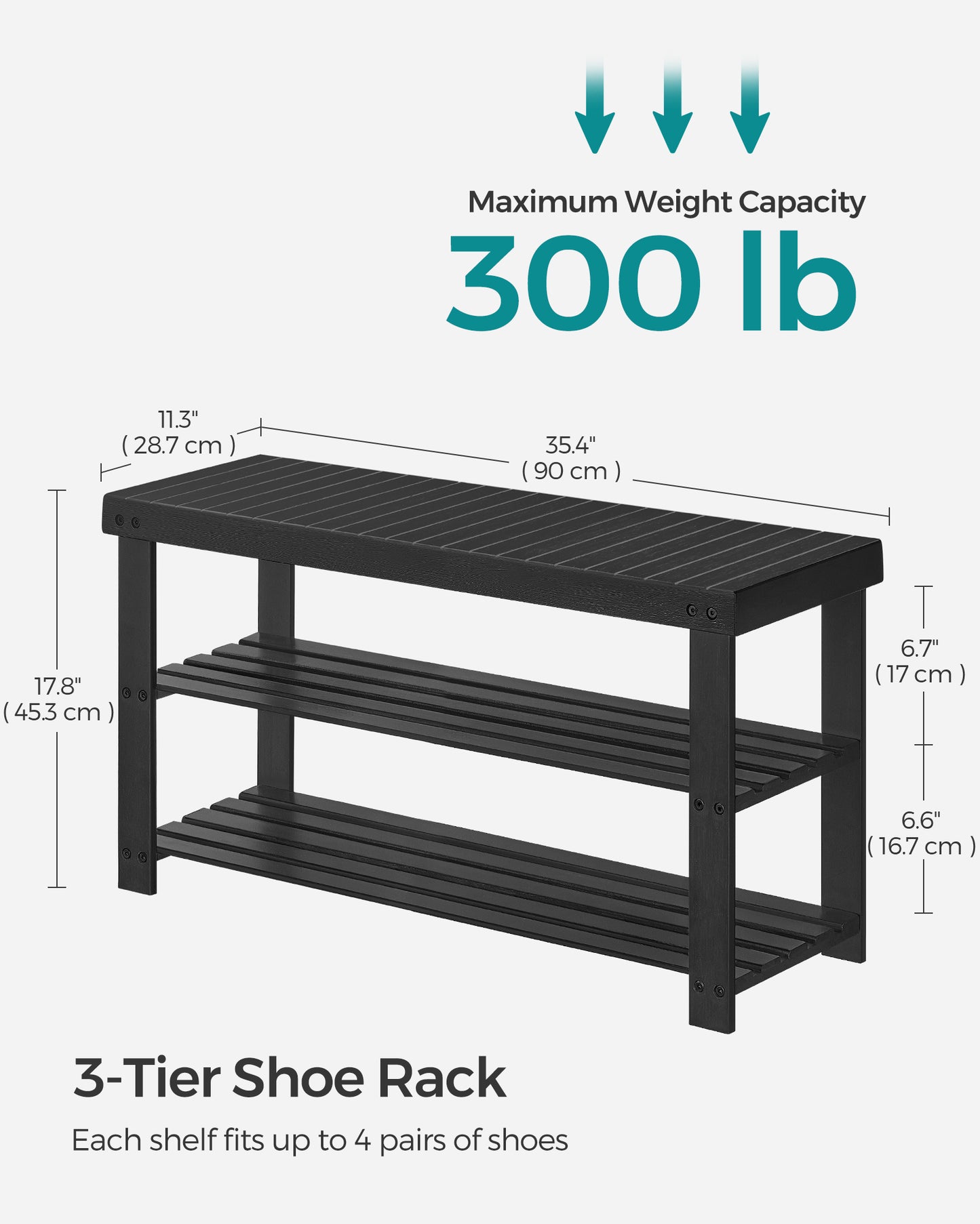 Shoe Rack Bench, 3-Tier Bamboo Shoe Storage Organizer, Entryway Bench, Holds Up to 286 lb, 11.3 x 35.4 x 17.8 Inches, for Entryway Bathroom Bedroom