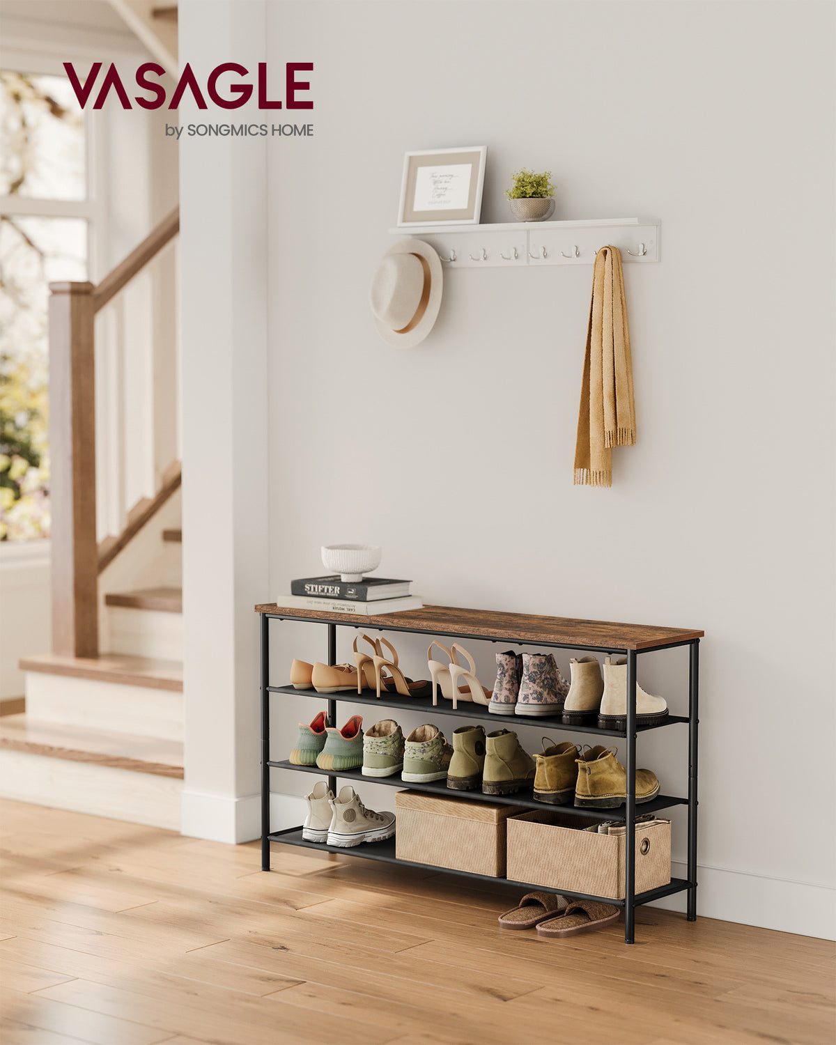 VASAGLE Shoe Rack 4 Tier Shoe Storage Rack for 15-18 Pairs of Shoes Rustic Brown and Black