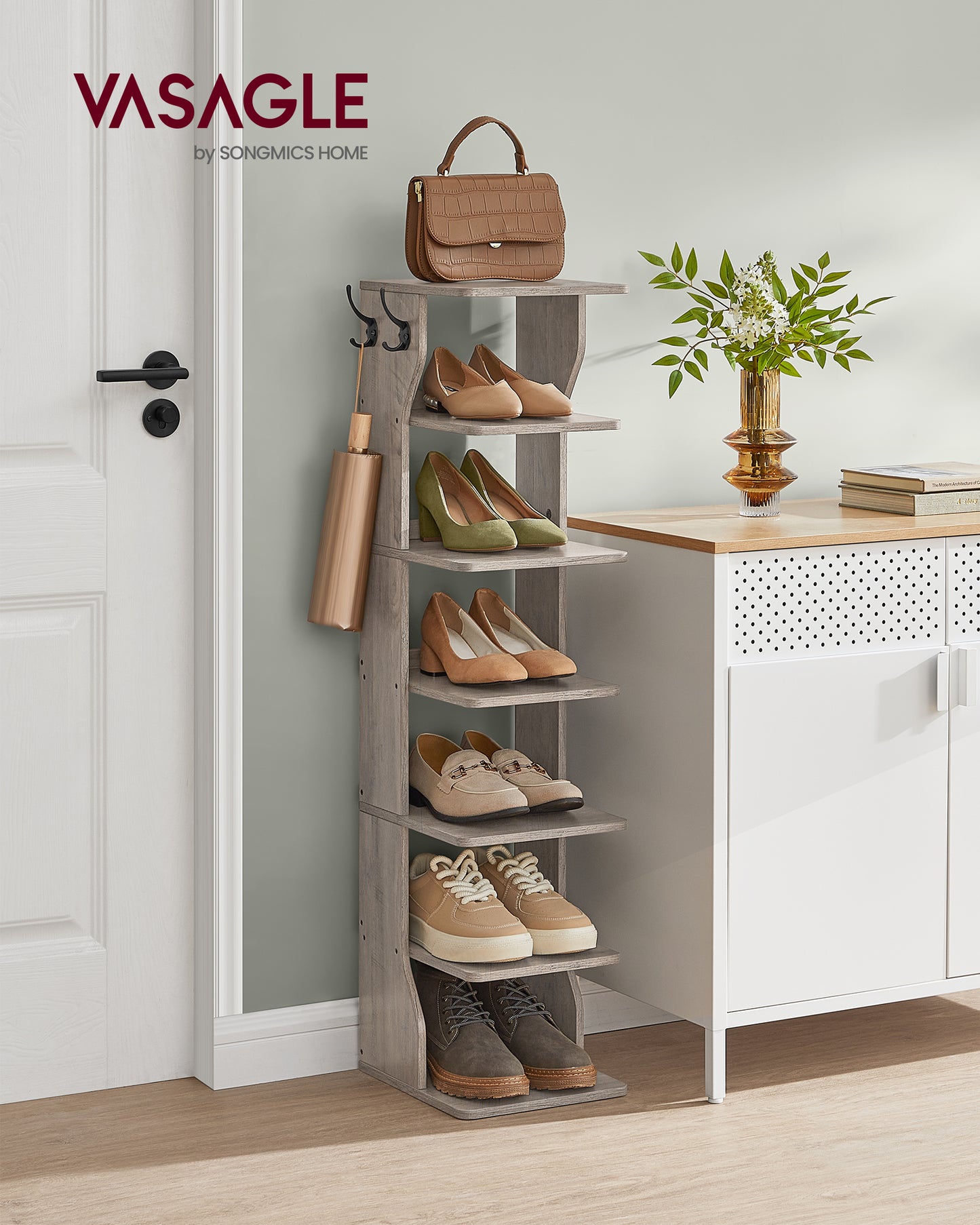 7-Tier Corner Shoe Rack with Hooks, 43.5 Inch Narrow Shoe Storage Organizer for Entryway Bedroom, Heather Greige