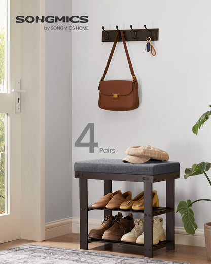 3-Tier Bamboo Shoe Bench - Entryway Organizer with Padded Seat (300 lb Capacity) & 2 Shelves, Rustic Walnut and Slate Gray