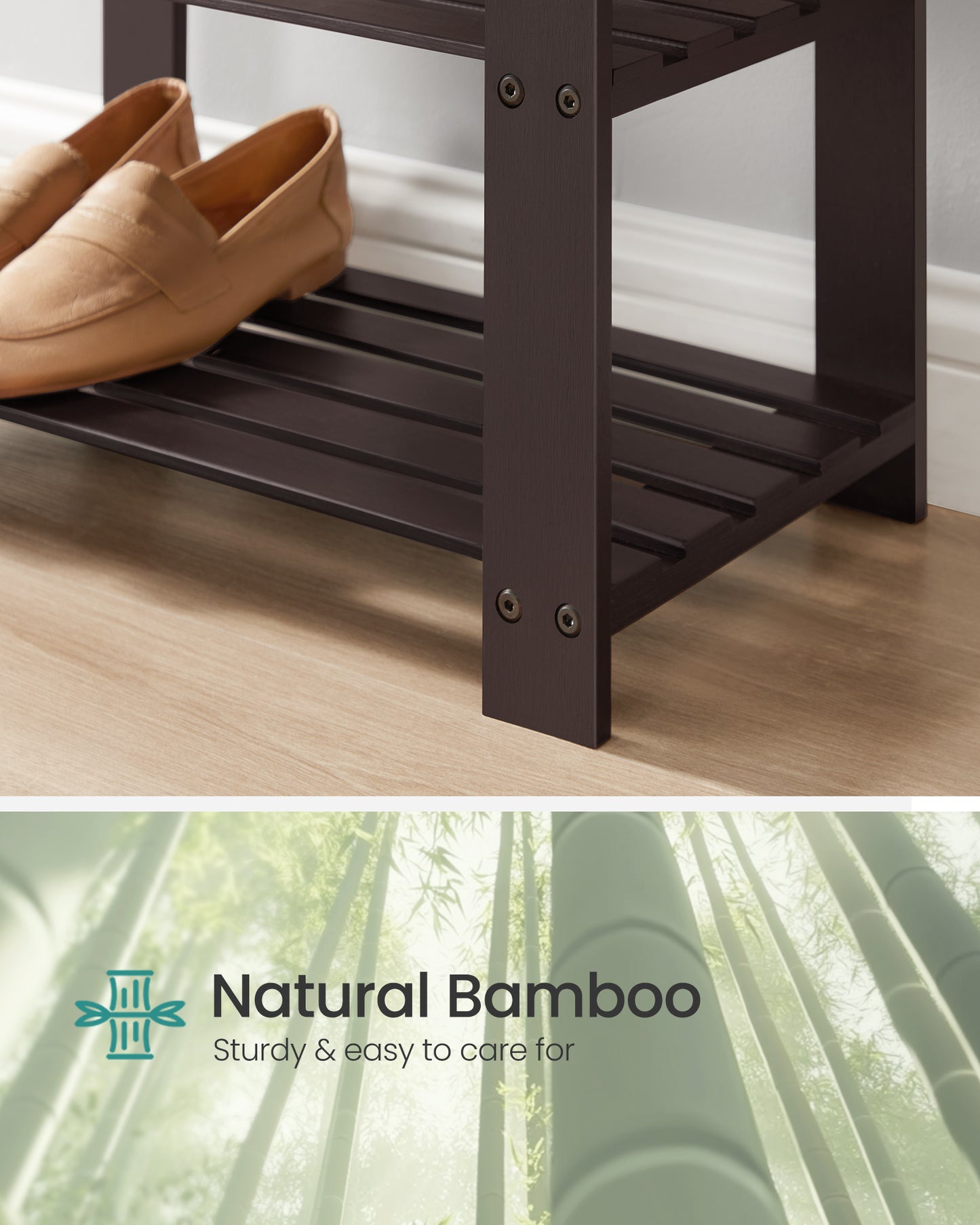 3-Tier Bamboo Shoe Bench - Entryway Organizer with Padded Seat (300 lb Capacity) & 2 Shelves, Rustic Walnut and Slate Gray