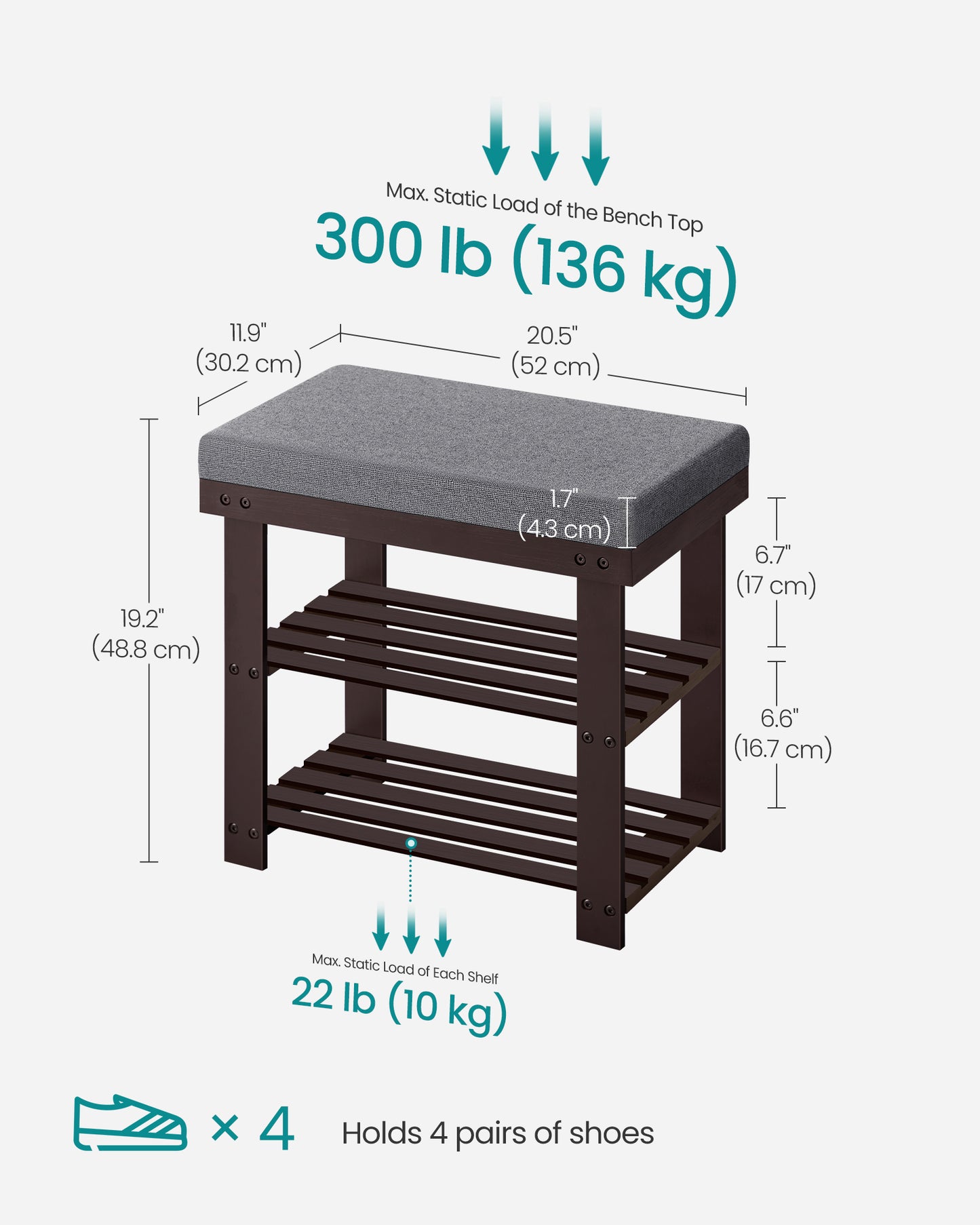 3-Tier Bamboo Shoe Bench - Entryway Organizer with Padded Seat (300 lb Capacity) & 2 Shelves, Rustic Walnut and Slate Gray