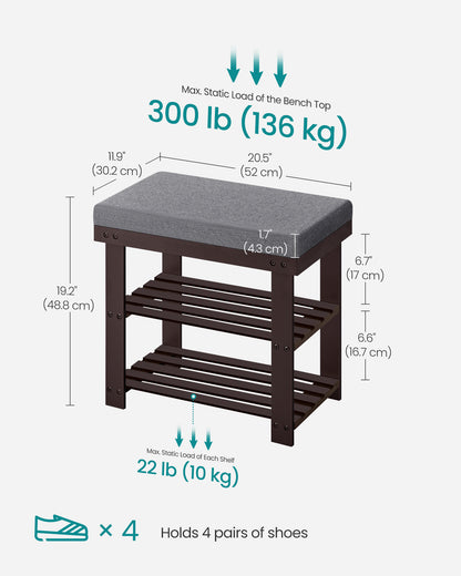 3-Tier Bamboo Shoe Bench - Entryway Organizer with Padded Seat (300 lb Capacity) & 2 Shelves, Rustic Walnut and Slate Gray