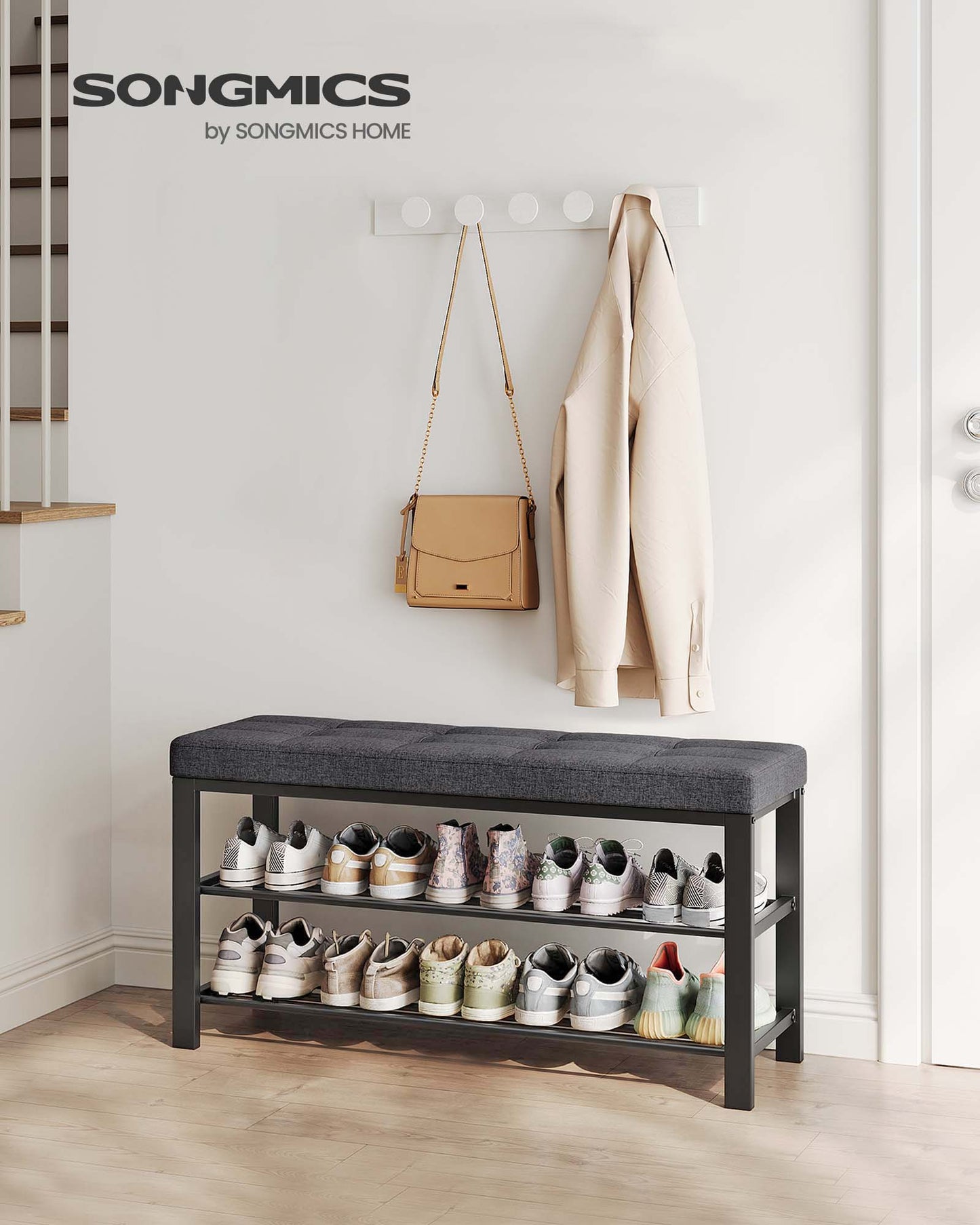 Shoe Bench, Storage Bench, Entryway Bench with Cushion, Shoe Shelf with Seat, Storage Organizer with Foam Padded Seat Linen Metal Frame