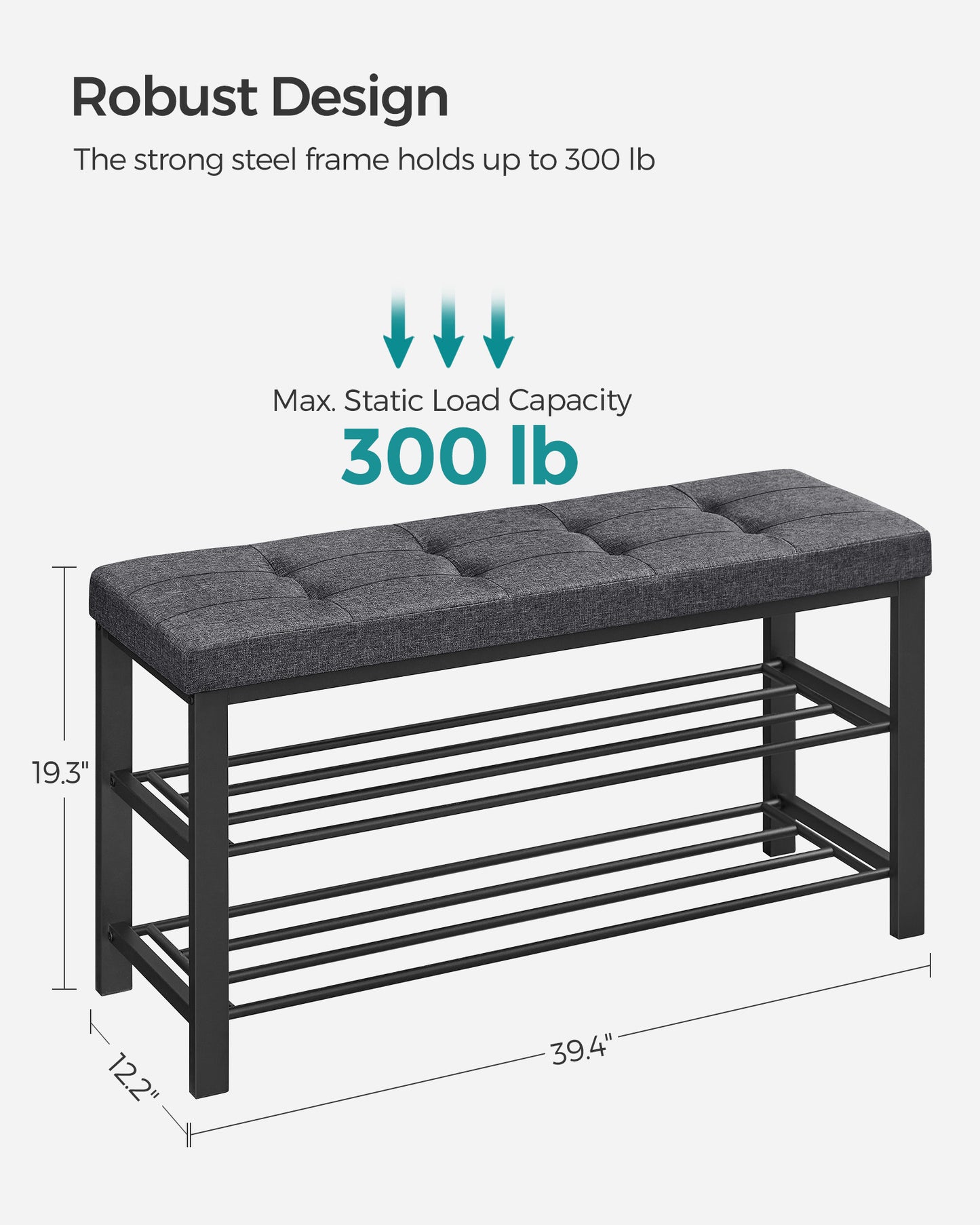 Shoe Bench, Storage Bench, Entryway Bench with Cushion, Shoe Shelf with Seat, Storage Organizer with Foam Padded Seat Linen Metal Frame