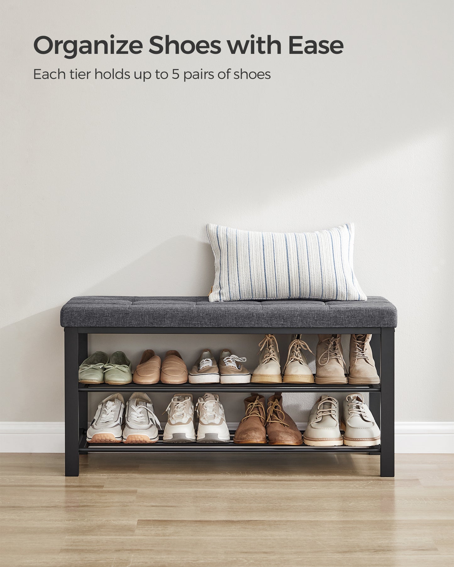 Shoe Bench, Storage Bench, Entryway Bench with Cushion, Shoe Shelf with Seat, Storage Organizer with Foam Padded Seat Linen Metal Frame