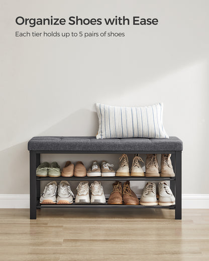 Shoe Bench, Storage Bench, Entryway Bench with Cushion, Shoe Shelf with Seat, Storage Organizer with Foam Padded Seat Linen Metal Frame