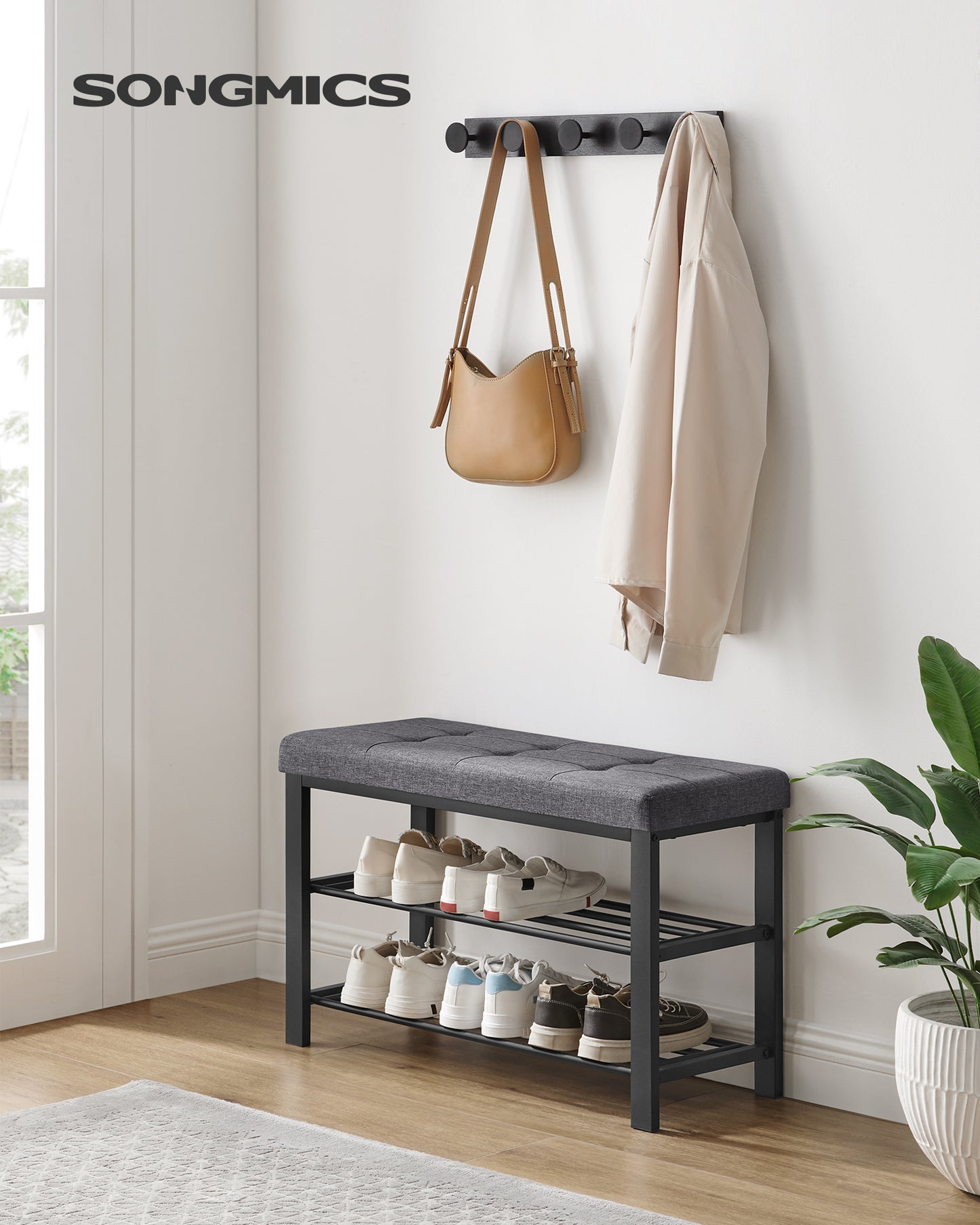 SONGMICS 3-Tier Shoe Rack Shoe Bench Dark Gray and Blackv