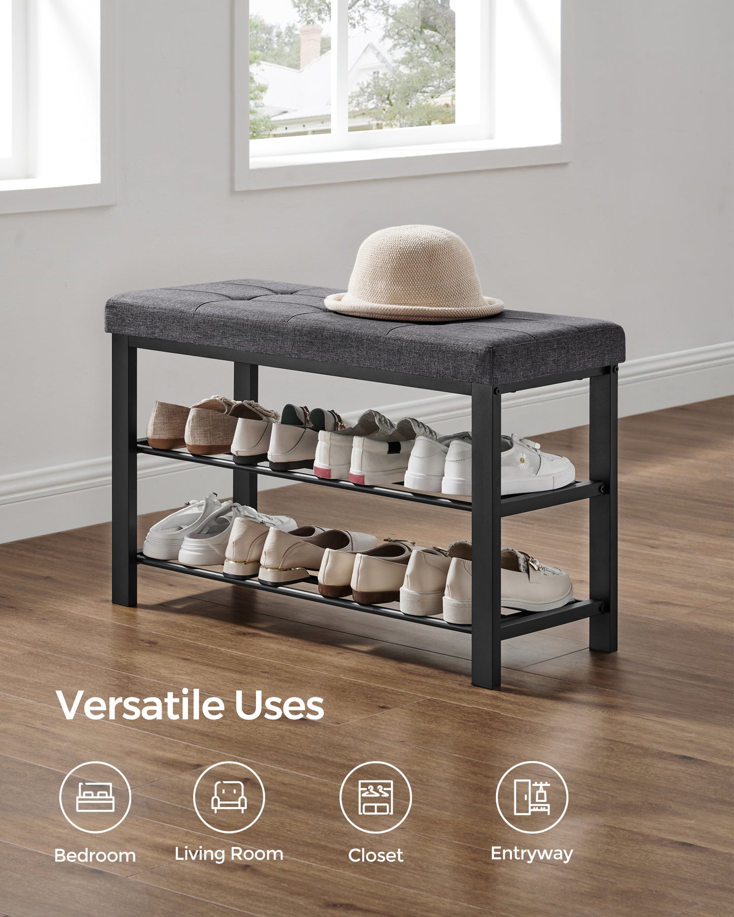 SONGMICS 3-Tier Shoe Rack Shoe Bench Dark Gray and Blackv