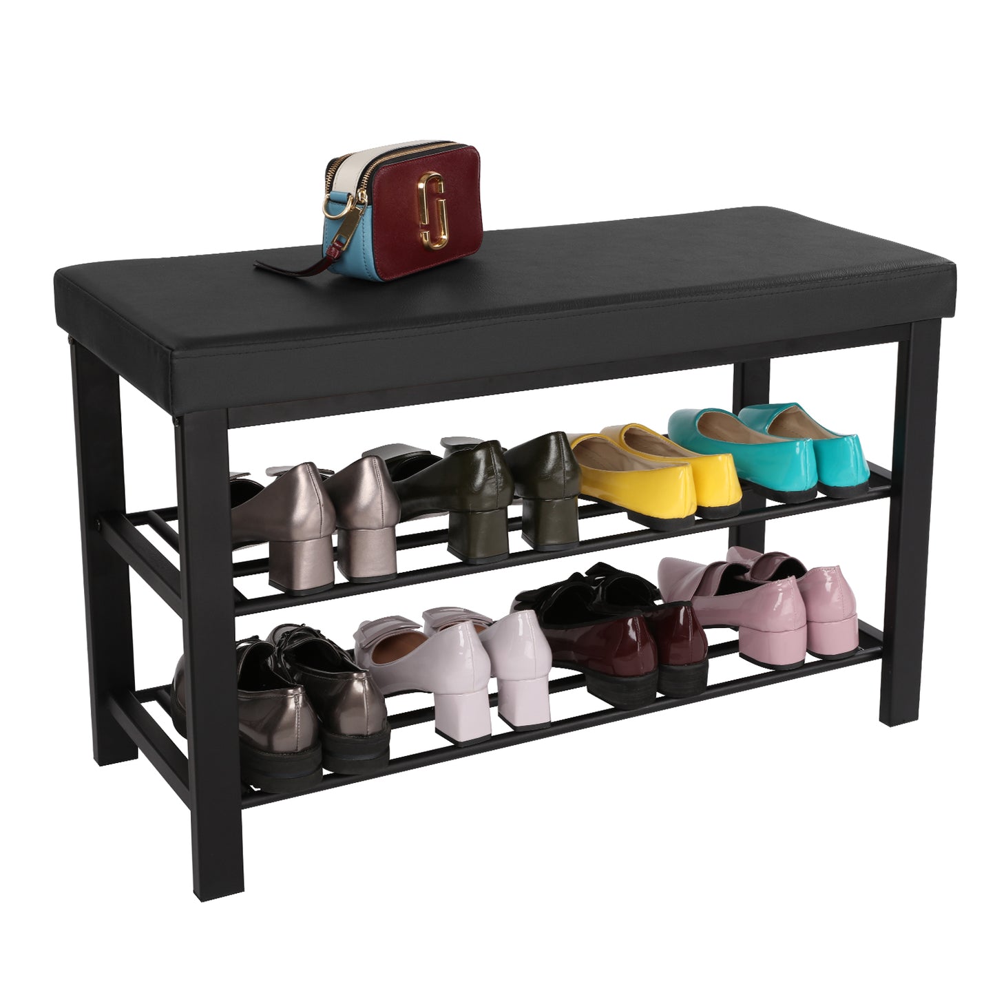 SONGMICS Shoe Bench, 3-Tier Shoe Rack, Storage Organizer with Foam Padded Seat, Faux Leather, 12.2 x 31.9 x 19.3 Inches, Black
