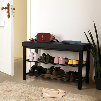 SONGMICS Shoe Bench, 3-Tier Shoe Rack, Storage Organizer with Foam Padded Seat, Faux Leather, 12.2 x 31.9 x 19.3 Inches, Black