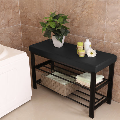 SONGMICS Shoe Bench, 3-Tier Shoe Rack, Storage Organizer with Foam Padded Seat, Faux Leather, 12.2 x 31.9 x 19.3 Inches, Black