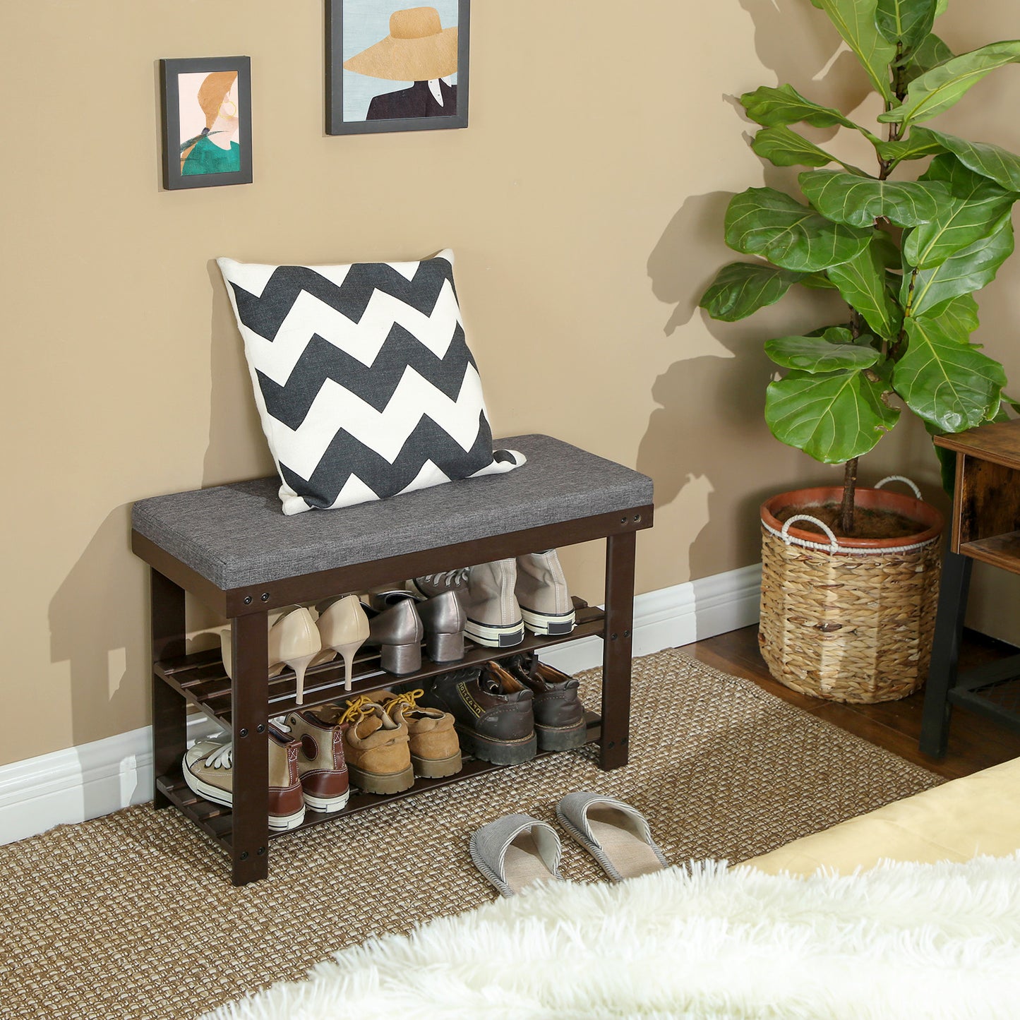 Bamboo Shoe Bench, 3-Tier Shoe Rack, Stable Shoe Organizer for Entryway, Living Room, Bench Seat Holds Up to 330 lb, 11.4 x 28 x 19.3 Inches