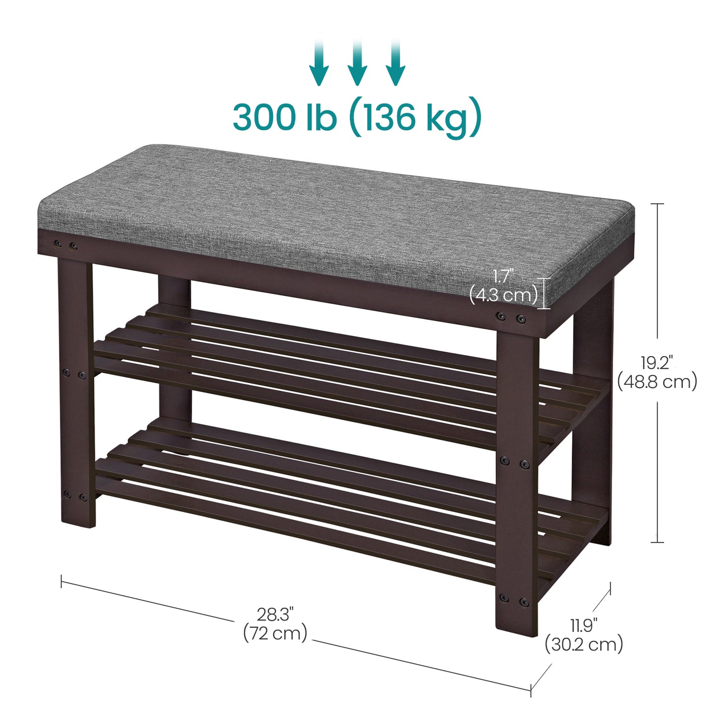 Bamboo Shoe Bench, 3-Tier Shoe Rack, Stable Shoe Organizer for Entryway, Living Room, Bench Seat Holds Up to 330 lb, 11.4 x 28 x 19.3 Inches