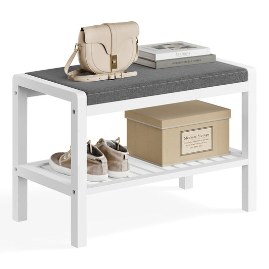 Shoe Rack Bench with Cushion Upholstered Padded Seat, Storage Shelf, Shoe Organizer, Holds Up to 350 lb, Ideal for Entryway Bedroom Living Room Hallway Garage Mud Room Gray and White