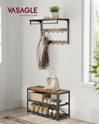 VASAGLE 28.7" Shoe Rack Bench 3-Tier Shoe Shelf Storage Bench with Metal Mesh Shelves and Seat Shoe Rack Rustic Brown and Brown