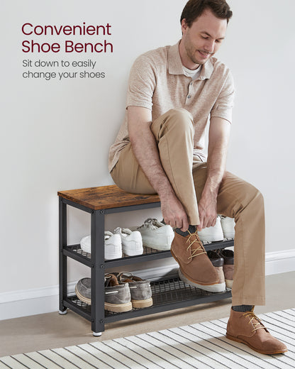 VASAGLE 28.7" Shoe Rack Bench 3-Tier Shoe Shelf Storage Bench with Metal Mesh Shelves and Seat Shoe Rack Rustic Brown and Brown