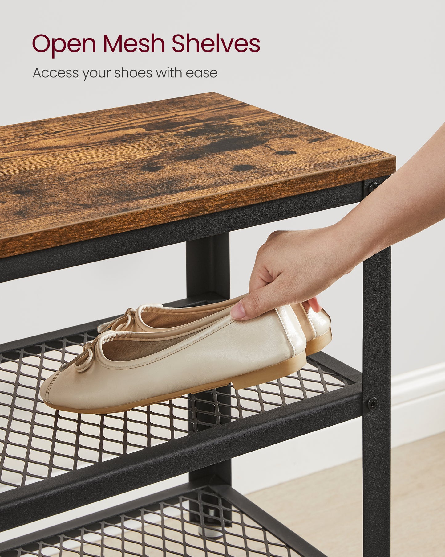 VASAGLE 28.7" Shoe Rack Bench 3-Tier Shoe Shelf Storage Bench with Metal Mesh Shelves and Seat Shoe Rack Rustic Brown and Brown