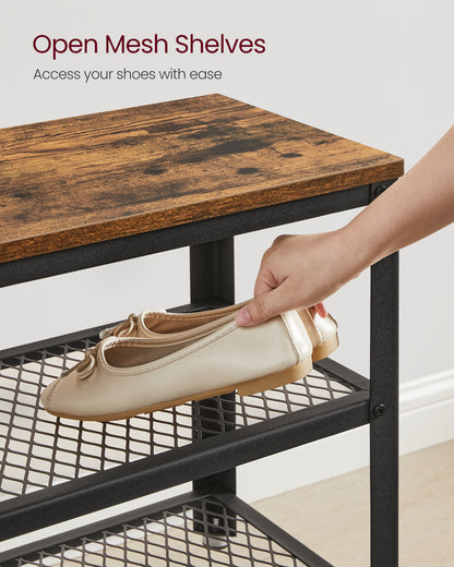 VASAGLE 28.7" Shoe Rack Bench 3-Tier Shoe Shelf Storage Bench with Metal Mesh Shelves and Seat Shoe Rack Rustic Brown and Brown