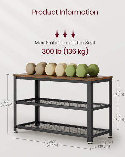 VASAGLE 28.7" Shoe Rack Bench 3-Tier Shoe Shelf Storage Bench with Metal Mesh Shelves and Seat Shoe Rack Rustic Brown and Brown